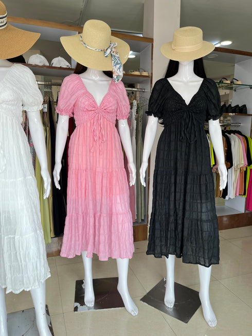 Puff Sleeves Ruched Long Maxi Dresses